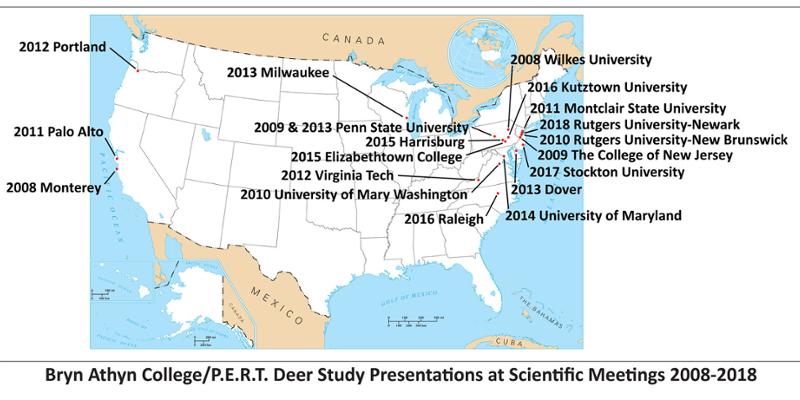 map of the united states with Bryn Athyn Collge deer study presentation locations