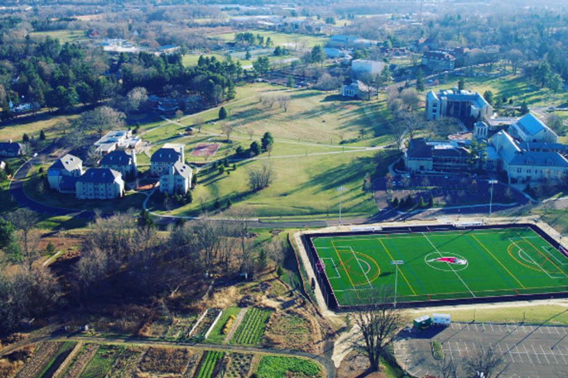 Bryn Athyn College's General Ronald K. Nelson Field and campus from an aerial view
