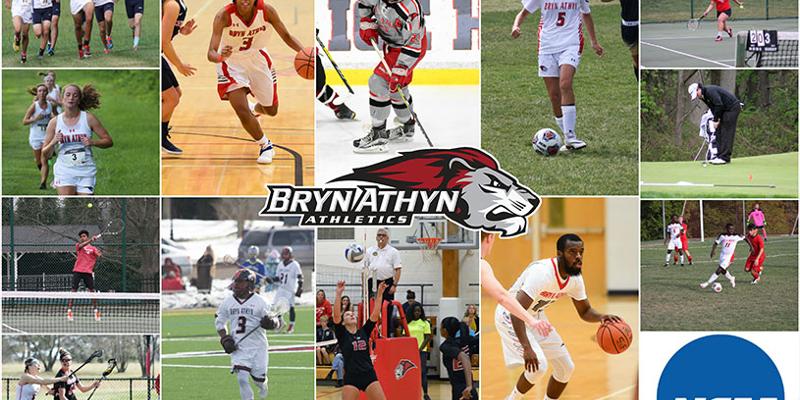 Athletics photo montage of athletes playing basketball, tennis, hockey, lacrosse, golf, soccer, field hockey, volleyball, and running cross country