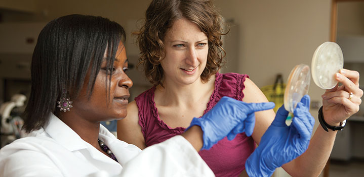 Student and professor examine samples in the lab