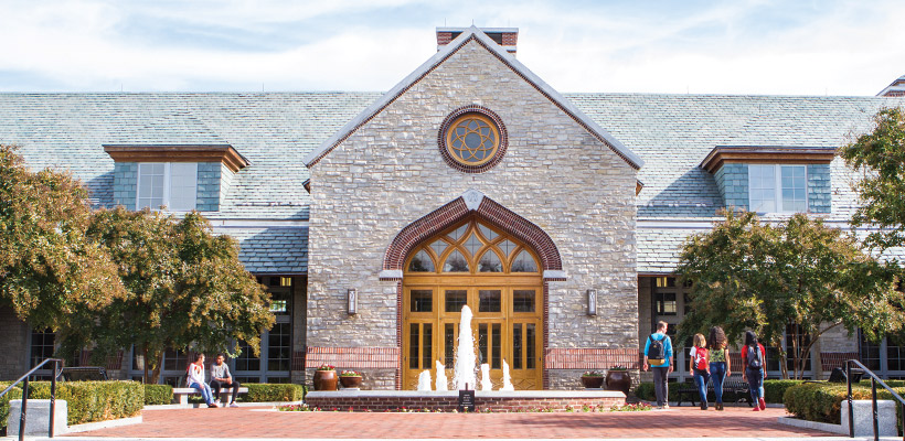 Bryn Athyn College Brickman Center with students milling around