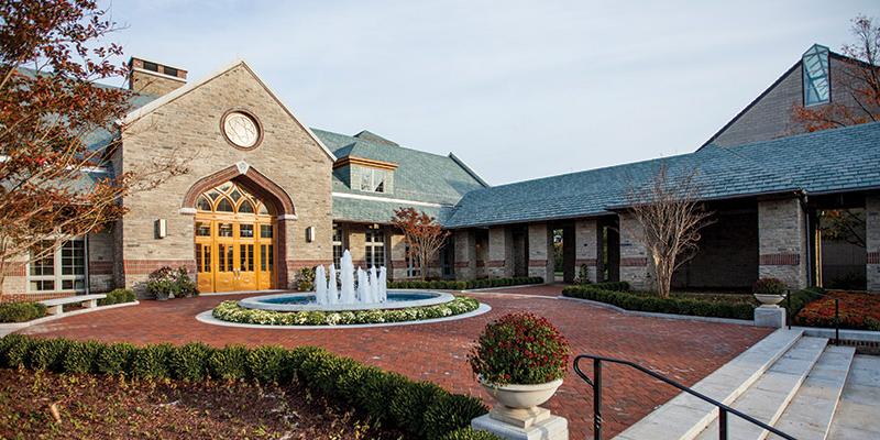 The Brickman Center fountain at the beginning of sunset golden hour