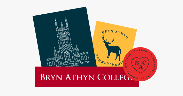 Bryn Athyn College stickers of Cathedral, deer study, and a heart with BAC