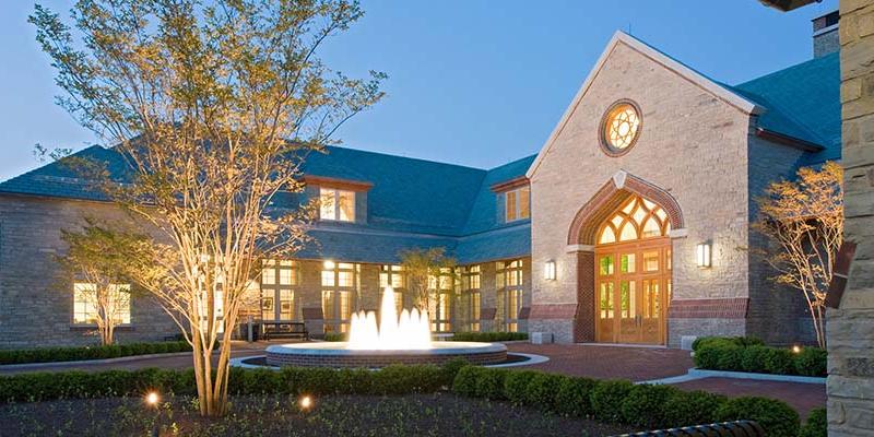 Brickman center with the fountain in the evening at Bryn Athyn College