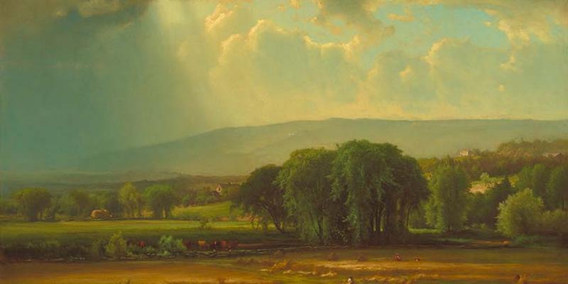 Painting by Swedenborgian artist George Inness ( Harvest Scene in the Delaware Valley 1867).