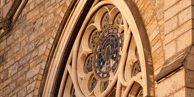 beautiful stone a glasswork in a window at the Bryn Athyn Cathedral