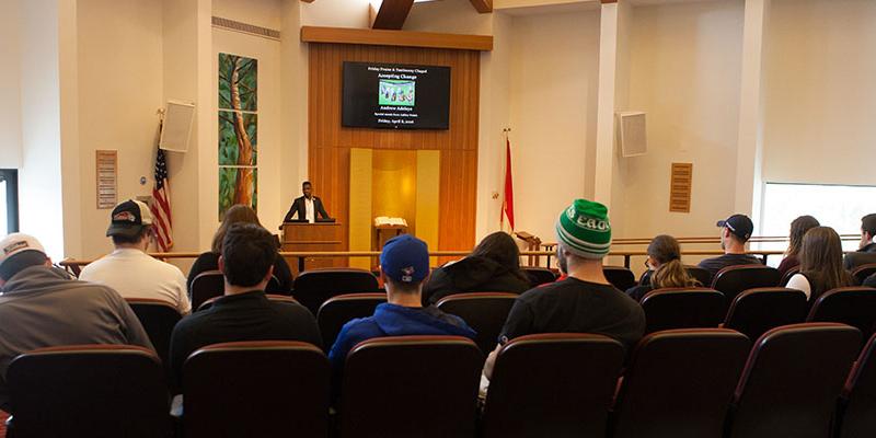 Speaker gives a presentation in the Pendleton Hall Auditorium at Bryn Athyn College