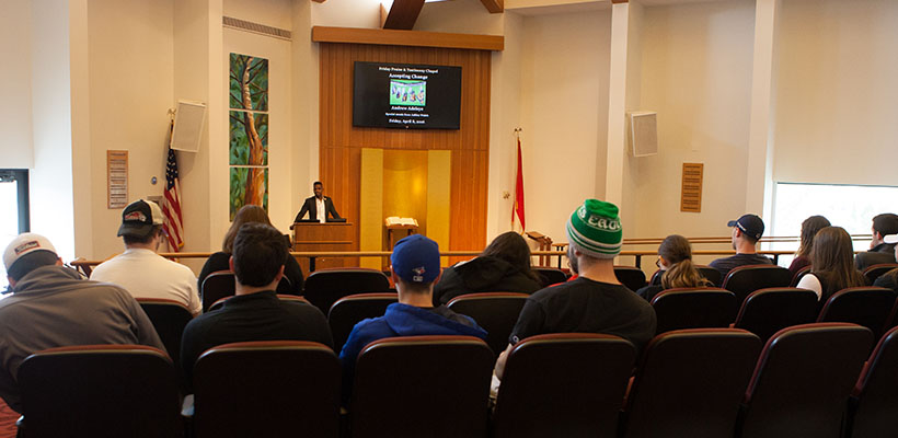 students attending convocation in the Pendleton Hall Chapel