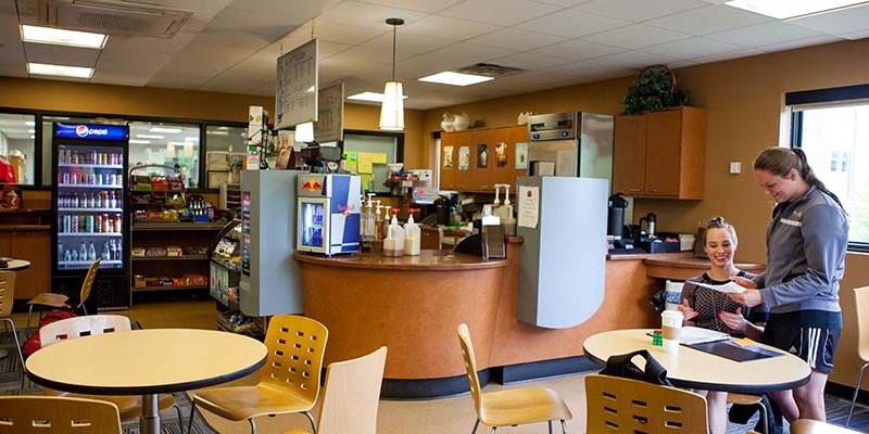 Bryn Athyn College students review coursework in the college cafe