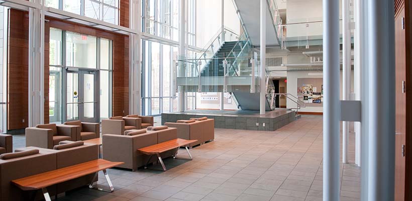 Bryn Athyn College Doering Science Center lobby with lots of natural light through a glass wall