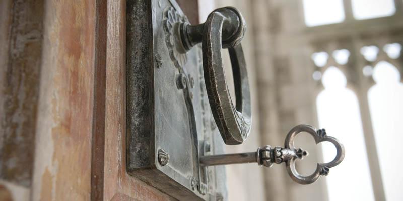 Close photo of historical key in Bryn Athyn Cathedral door