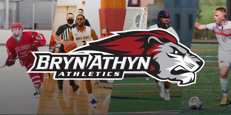 Collage of men's athletes and Bryn Athyn Lions logo