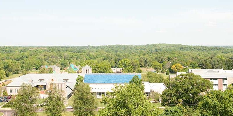birds-eye view of campus on a very sunny summer day