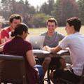 Psychology students discuss classwork outside