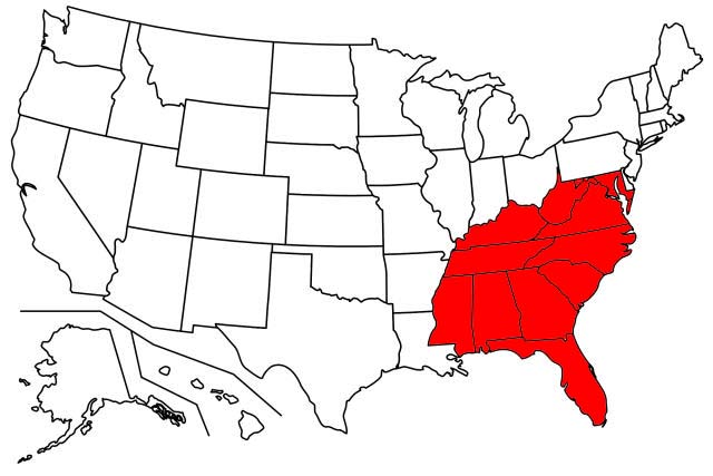 map highlighting Maryland, West Virginia, Virginia, Kentucky, Tennessee, North Carolina, South Carolina, Mississippi, Alabama, Georgia, and Florida