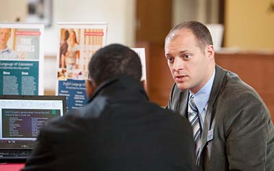 Bryn Athyn College student speaking to a professor