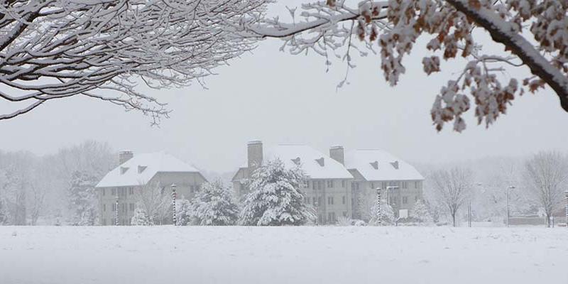 Bryn Athyn College residence suites in the winter, covered in snow during a storm